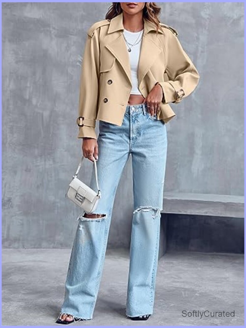 Crop Double Breasted Trench Coat Raglan Sleeve Work Office Cropped Jacket - Picture 4 of 7